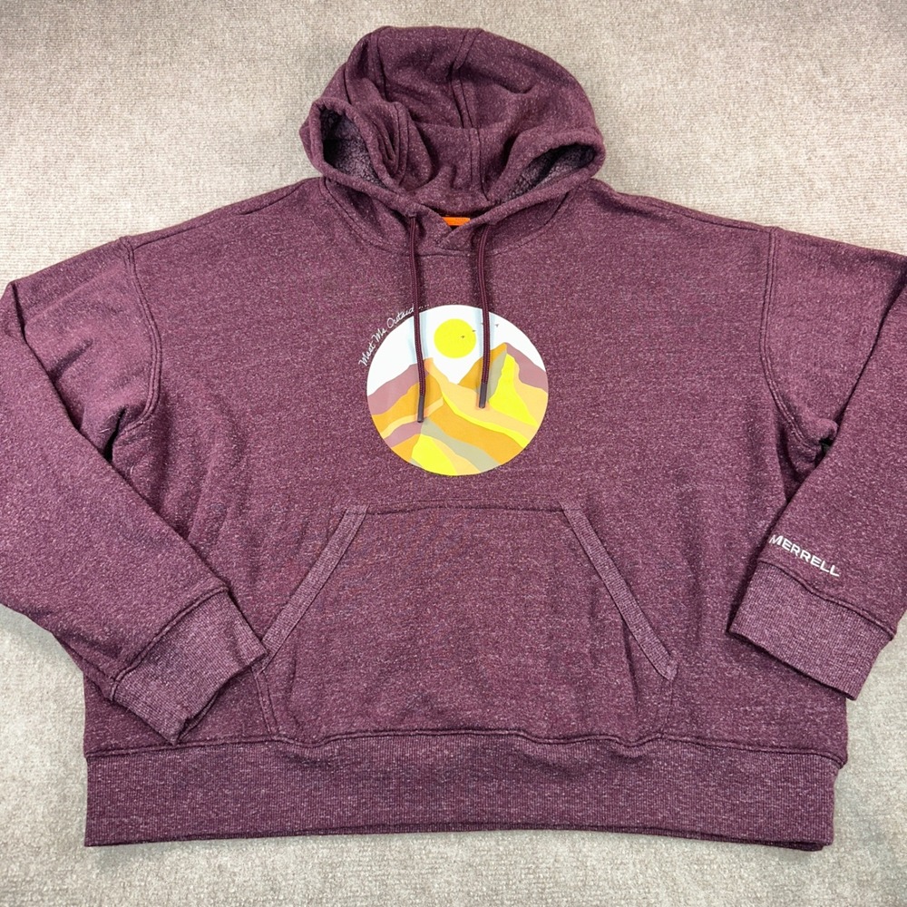 Merrell Womens XL Meet Me Outside Mountain Graphic Hoodie Fleece Maroon Burgundy